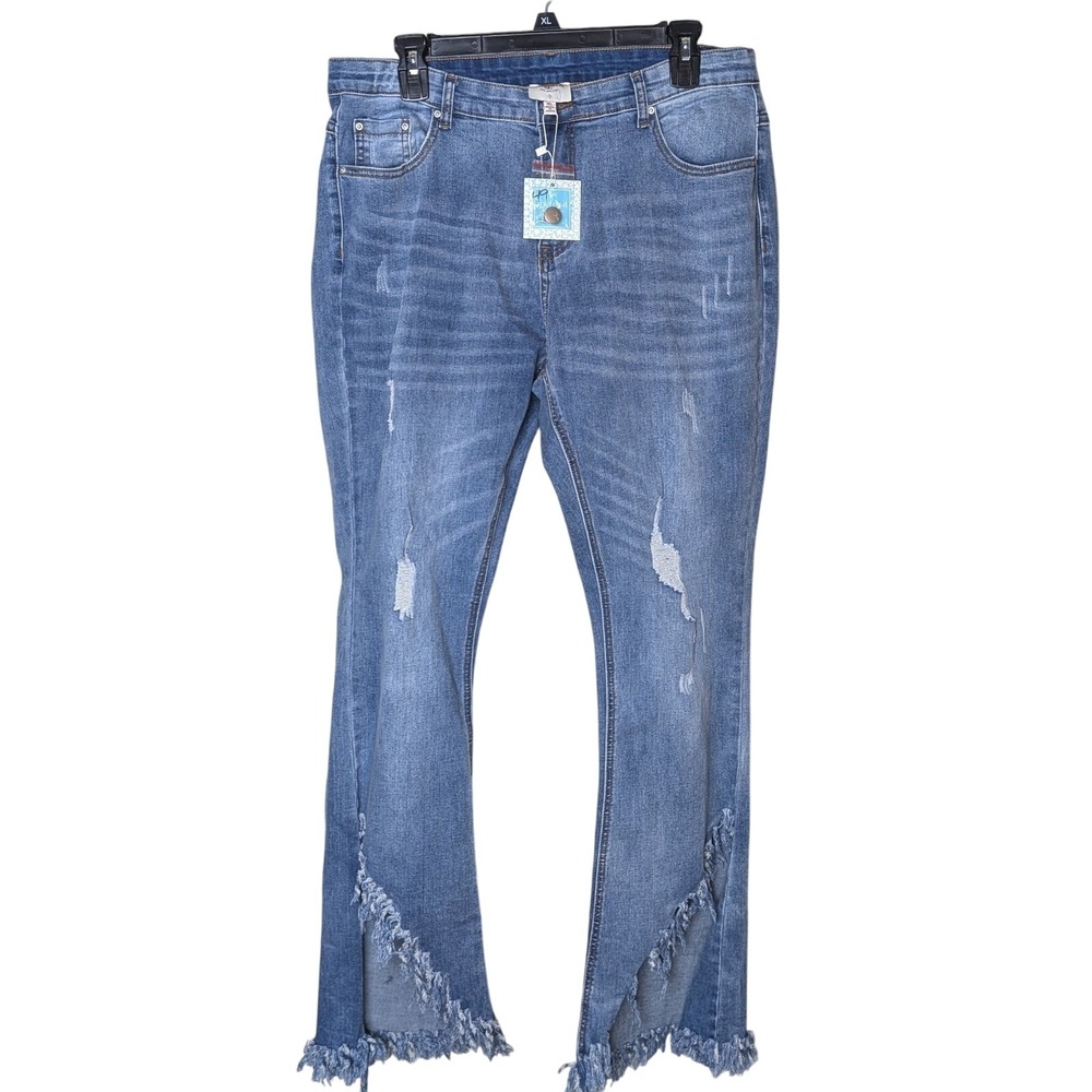 Women’s Blue Distressed Frayed Hem Jeans 1xl NWT!